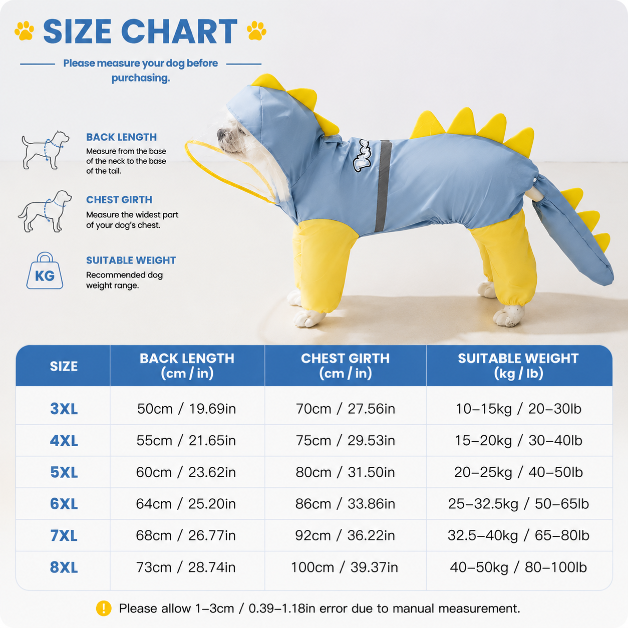 Blue Dog Raincoat Dinosaur Hooded Waterproof Jacket 6XL Size with Leash Hole view 5