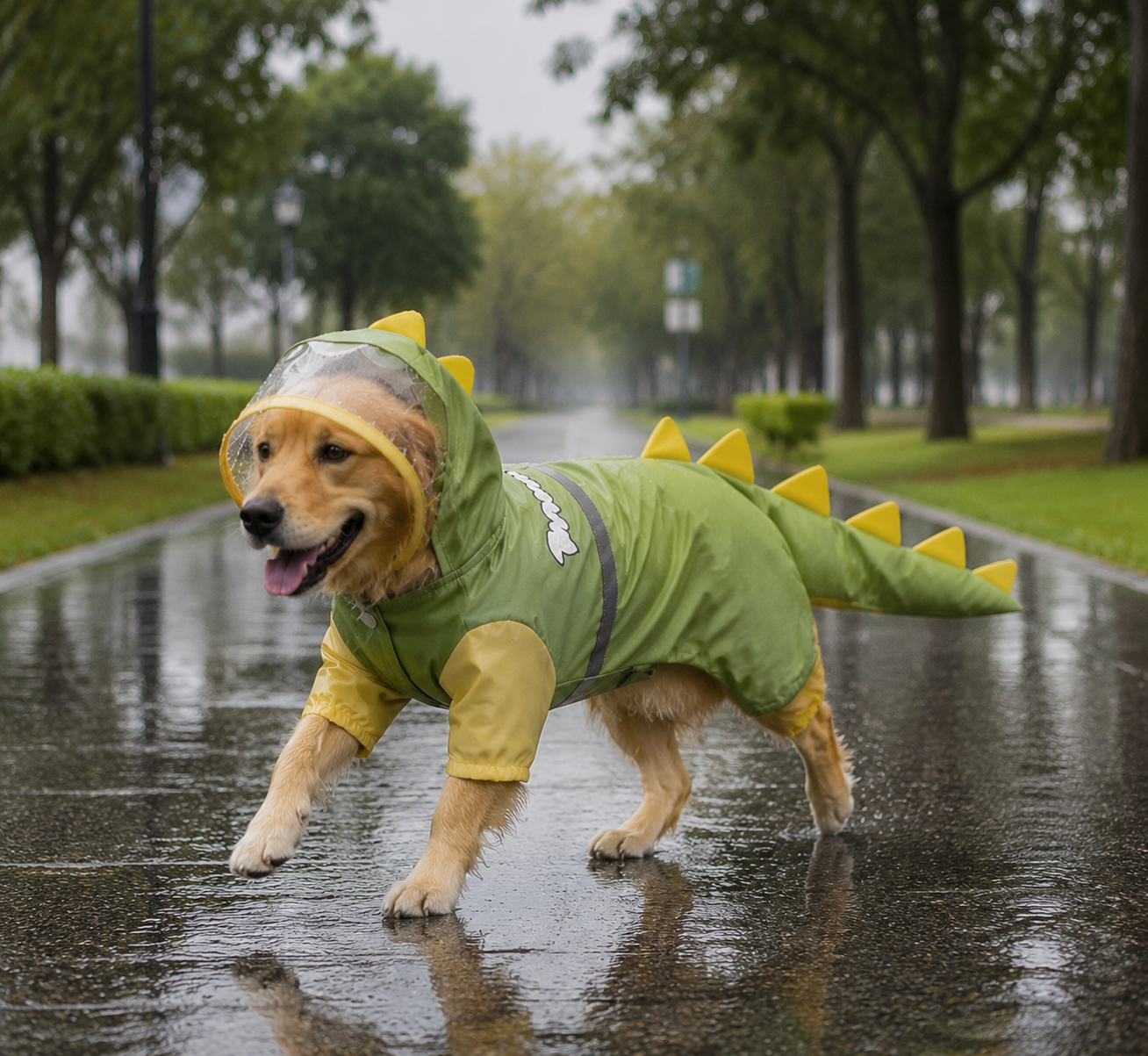 Green Dog Raincoat Dinosaur Hooded Waterproof Jacket 5XL Size with Leash Hole — image 1