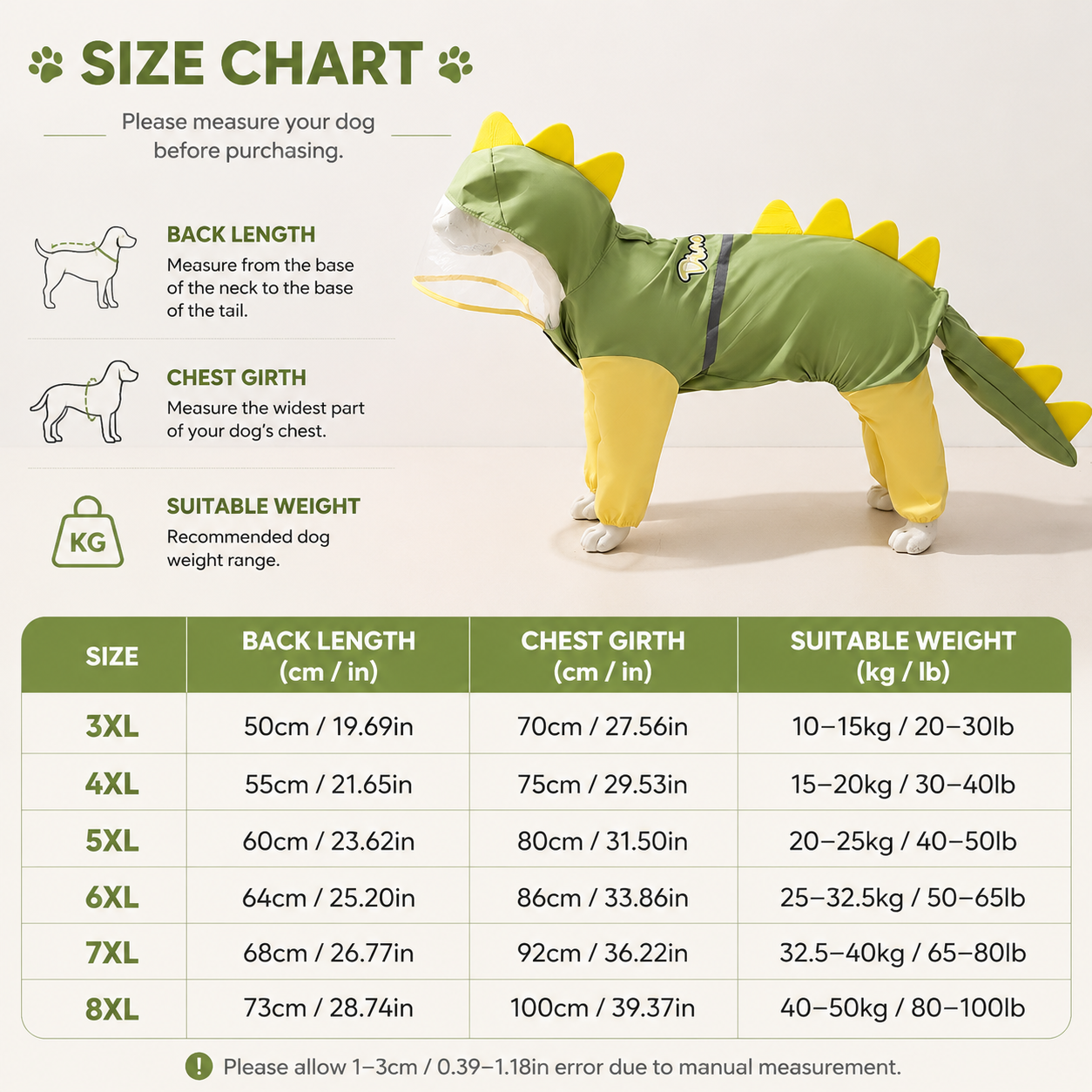 Green Dog Raincoat Dinosaur Hooded Waterproof Jacket 5XL Size with Leash Hole view 7