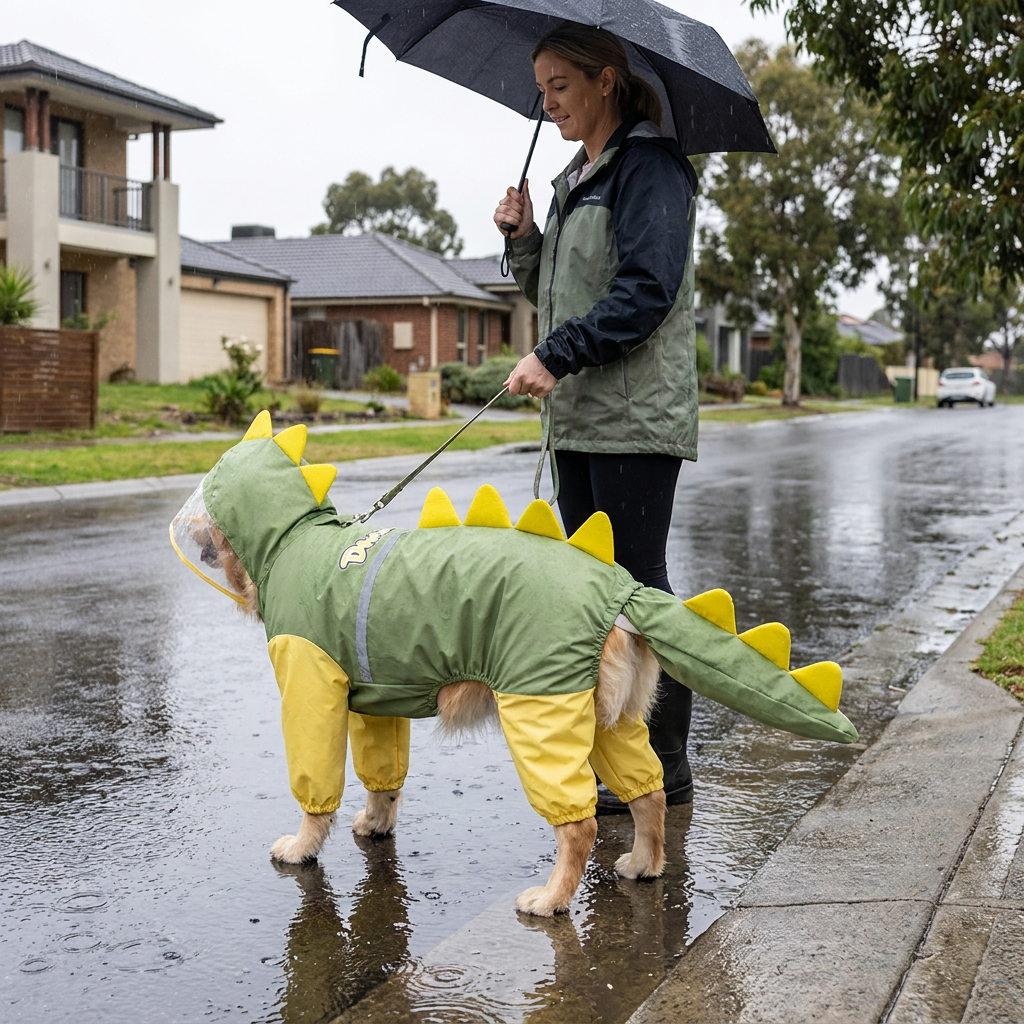 Green Dog Raincoat Dinosaur Hooded Waterproof Jacket 6XL Size with Leash Hole view 3