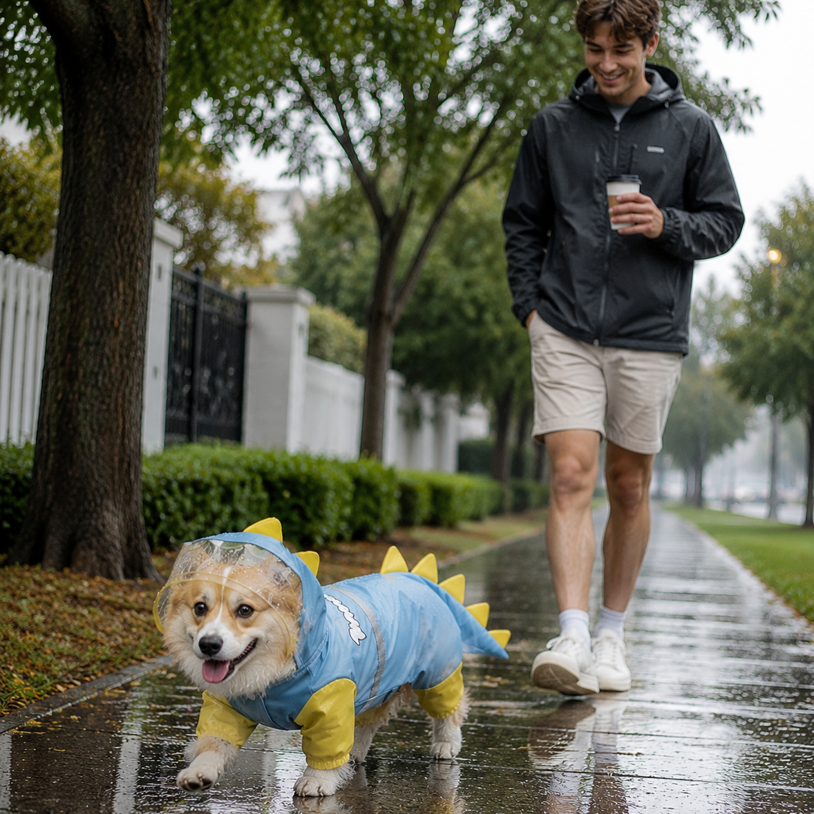 Blue Size L Waterproof Dinosaur Dog Raincoat with Harness Hole Full Body Pet — image 1