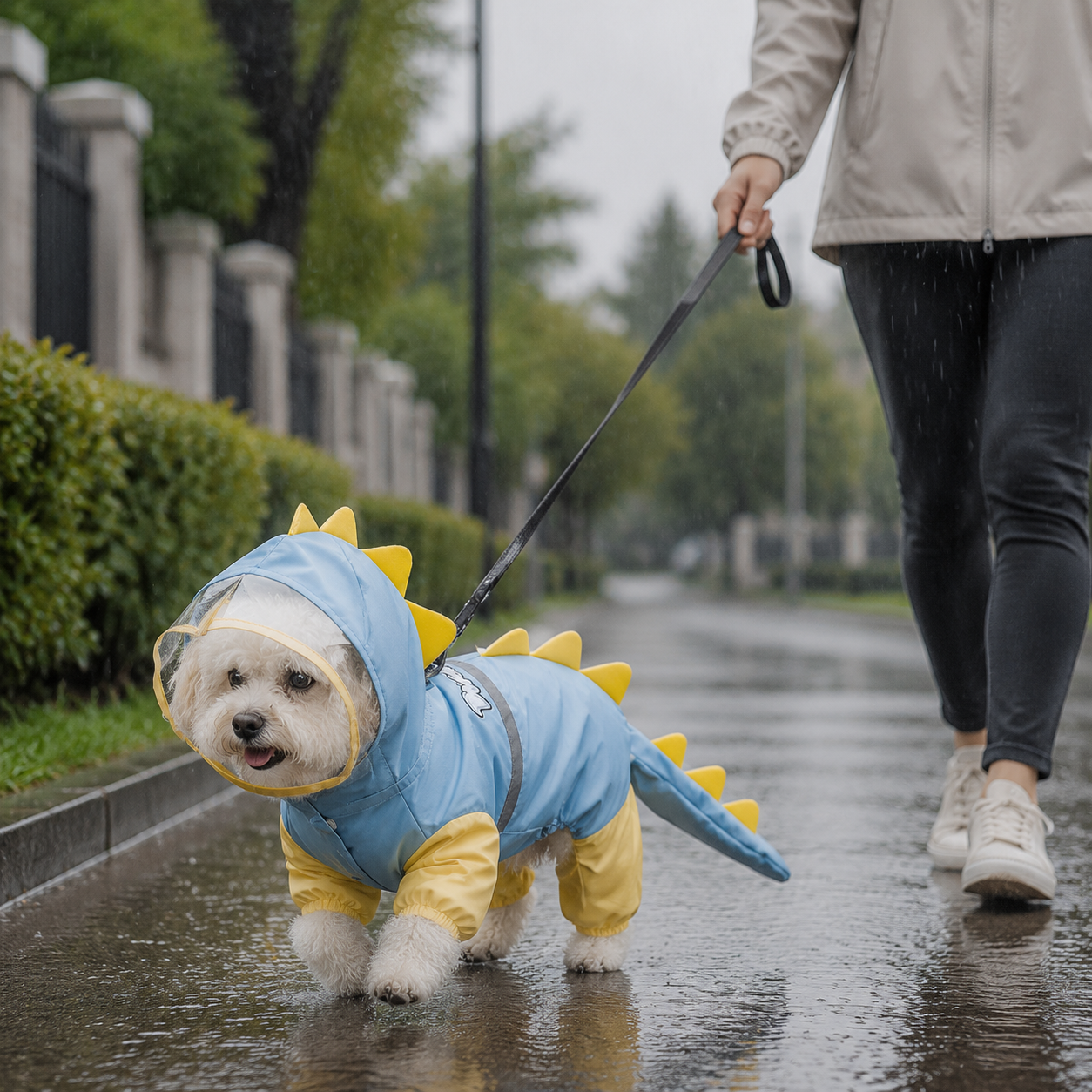 Blue Size 2XL Waterproof Dinosaur Dog Raincoat with Harness Hole Full Body Pet view 2