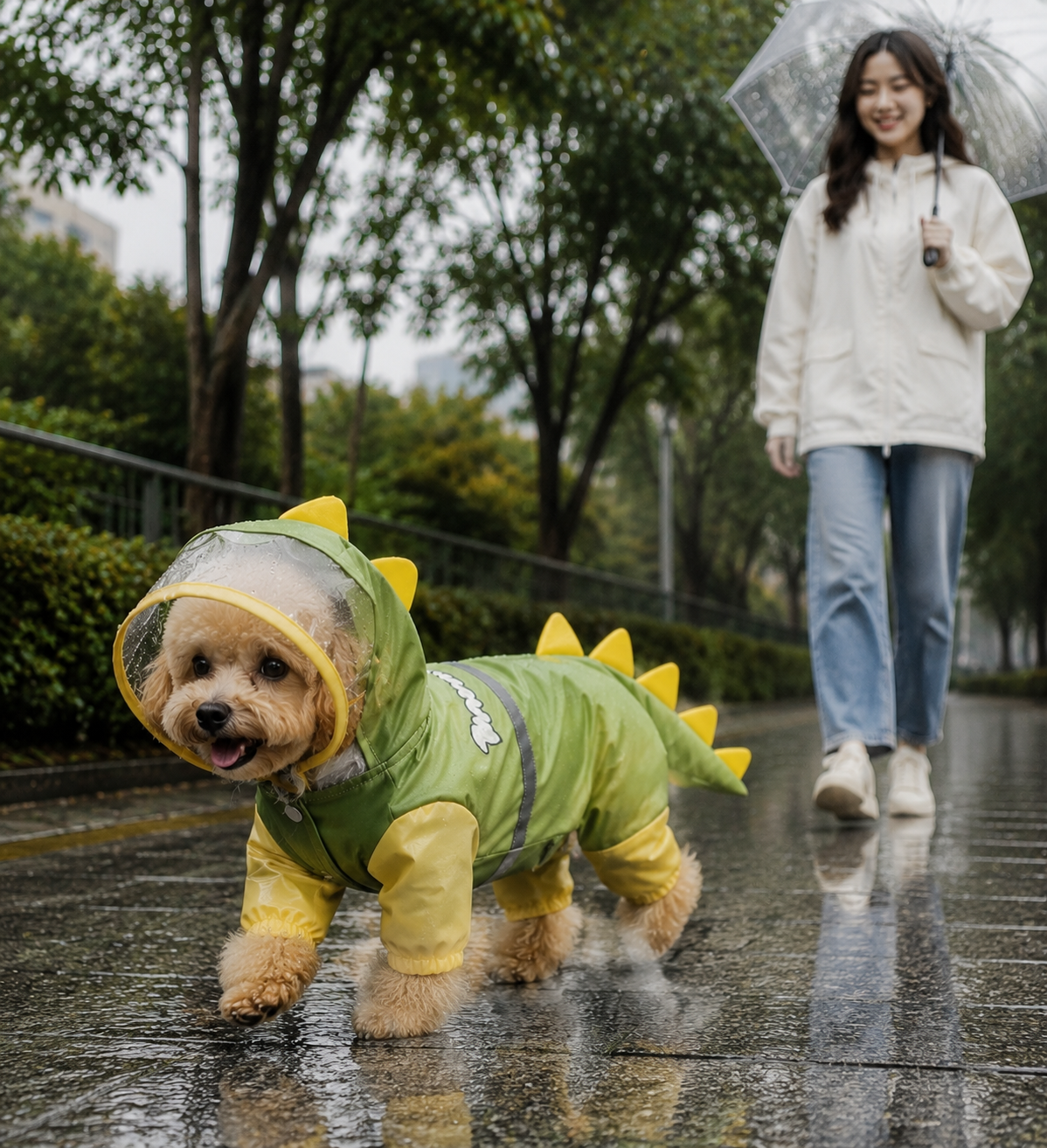 Green Size 2XL Waterproof Dinosaur Dog Raincoat with Harness Hole Full Body view 2