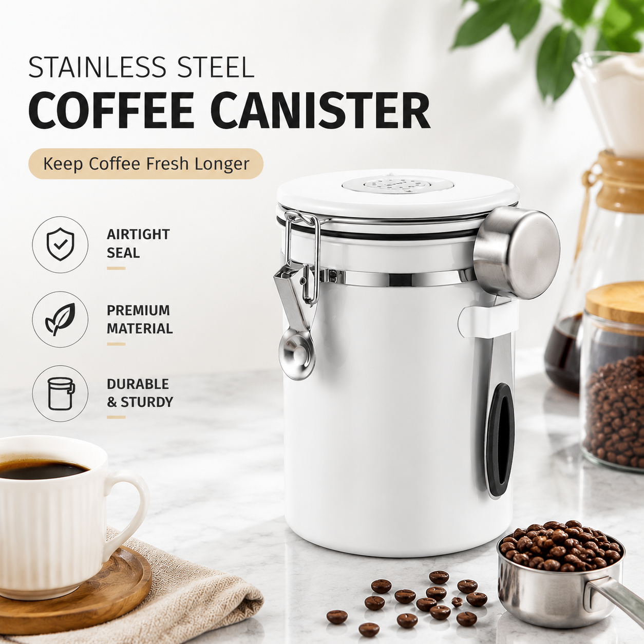 White 304 Stainless Steel Airtight Coffee Canister 1800ml Vacuum Seal Storage — image 1