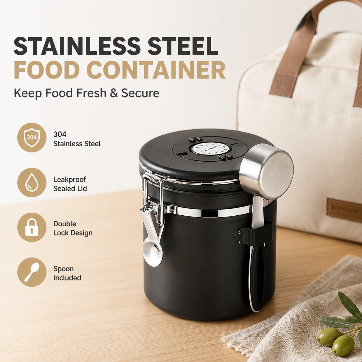 Black 304 Stainless Steel Airtight Coffee Canister 1500ml Vacuum Seal Storage view 7
