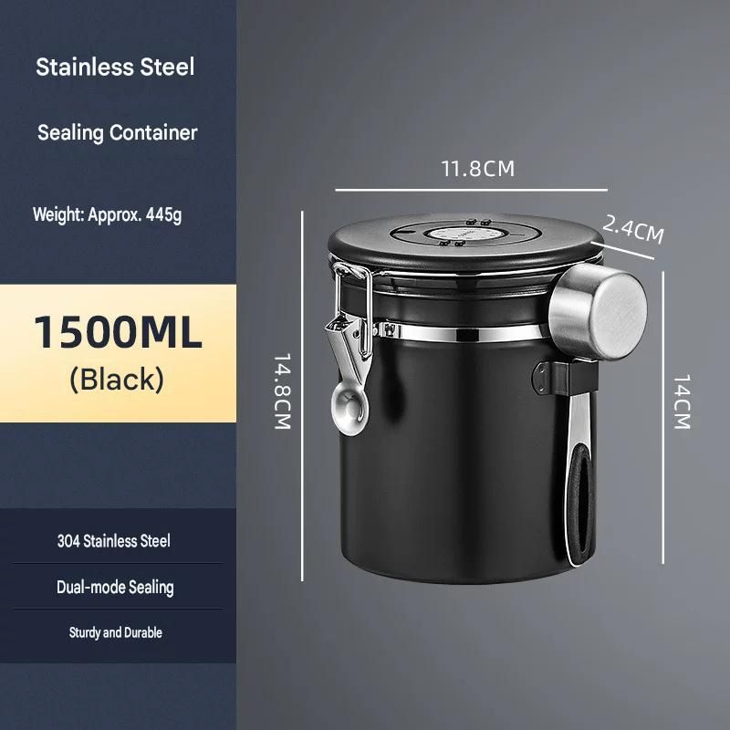 Black 304 Stainless Steel Airtight Coffee Canister 1500ml Vacuum Seal Storage view 8