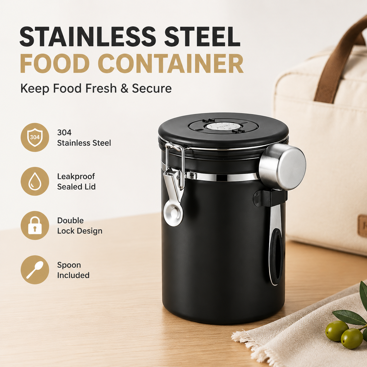 Black 304 Stainless Steel Airtight Coffee Canister 1800ml Vacuum Seal Storage — image 1
