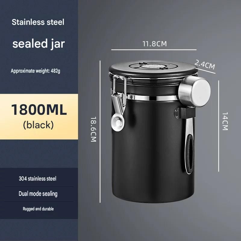 Black 304 Stainless Steel Airtight Coffee Canister 1800ml Vacuum Seal Storage view 7