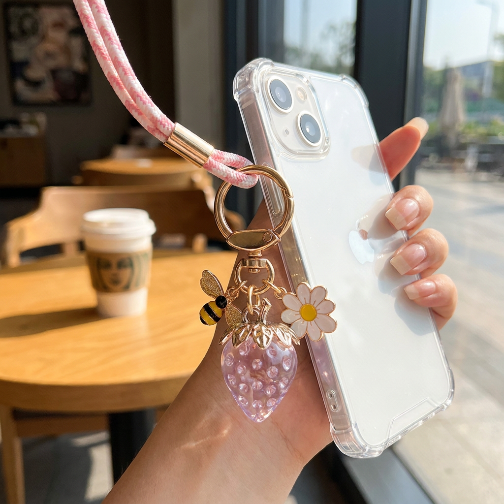 Crystal Pink Strawberry Bee Daisy Keychain - Gold Metal Ring with Rhinestone view 2