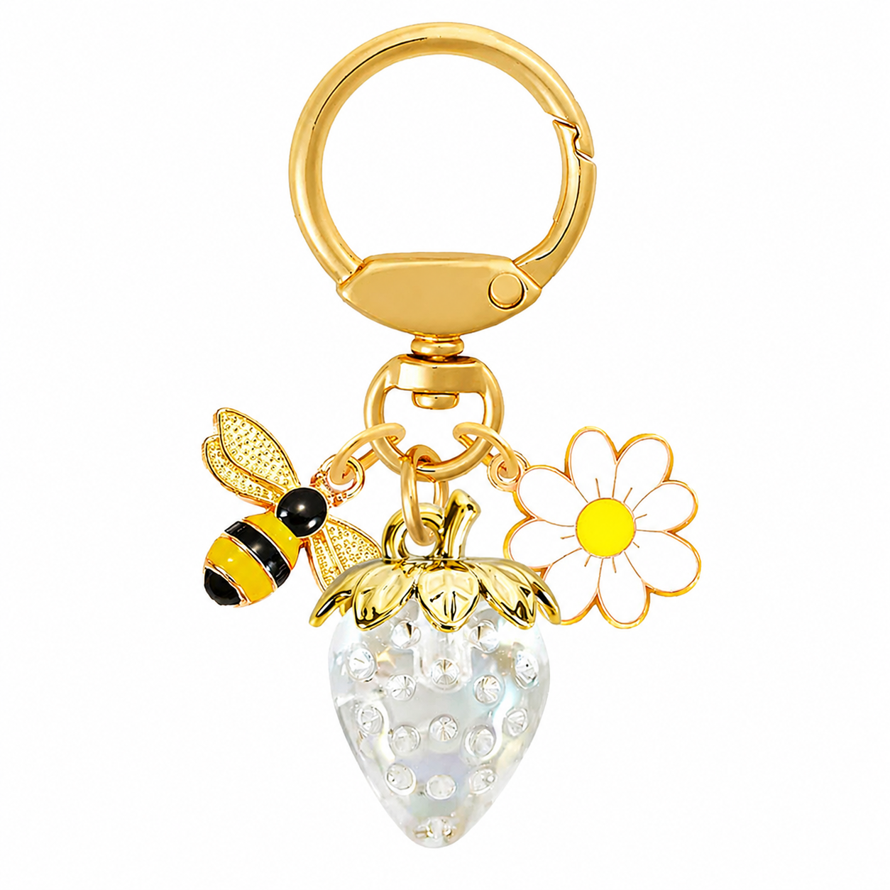 Crystal White Strawberry Bee Daisy Keychain - Gold Metal Ring with Rhinestone view 4