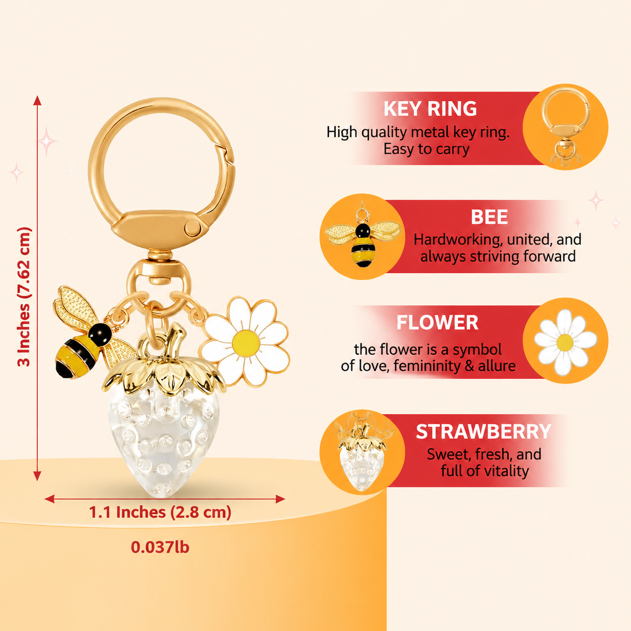Crystal White Strawberry Bee Daisy Keychain - Gold Metal Ring with Rhinestone view 5