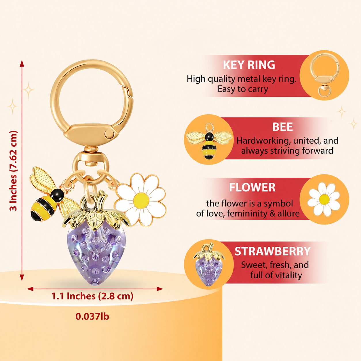 Crystal Purple Strawberry Bee Daisy Keychain - Gold Metal Ring with Rhinestone view 5
