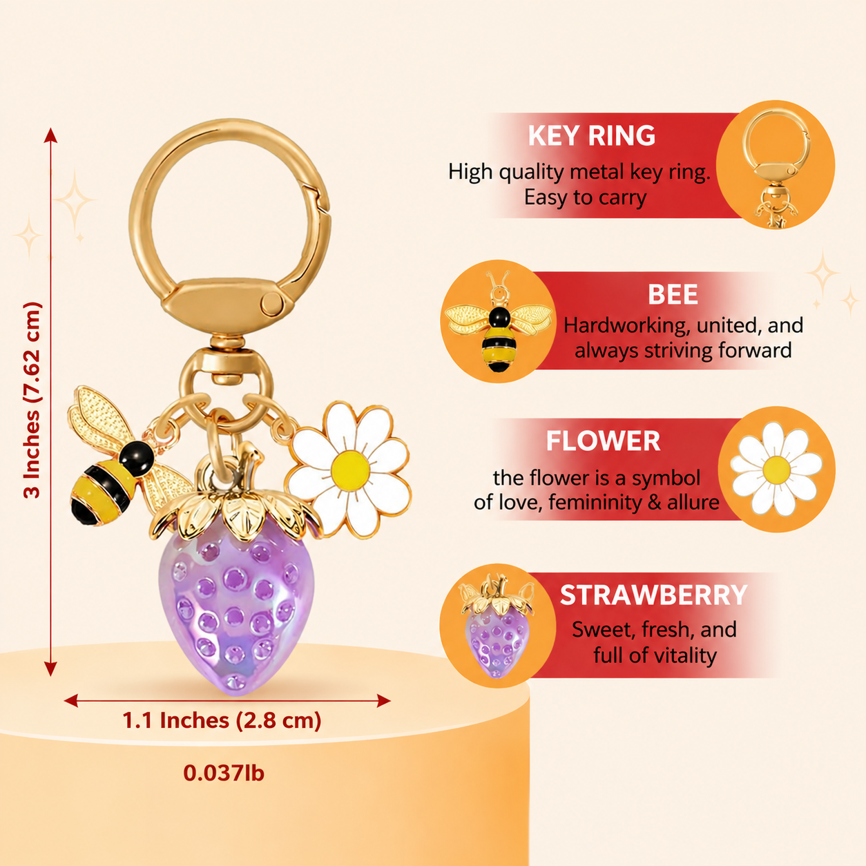 Solid Purple Strawberry Bee Daisy Keychain - Gold Metal Ring with Rhinestone view 6