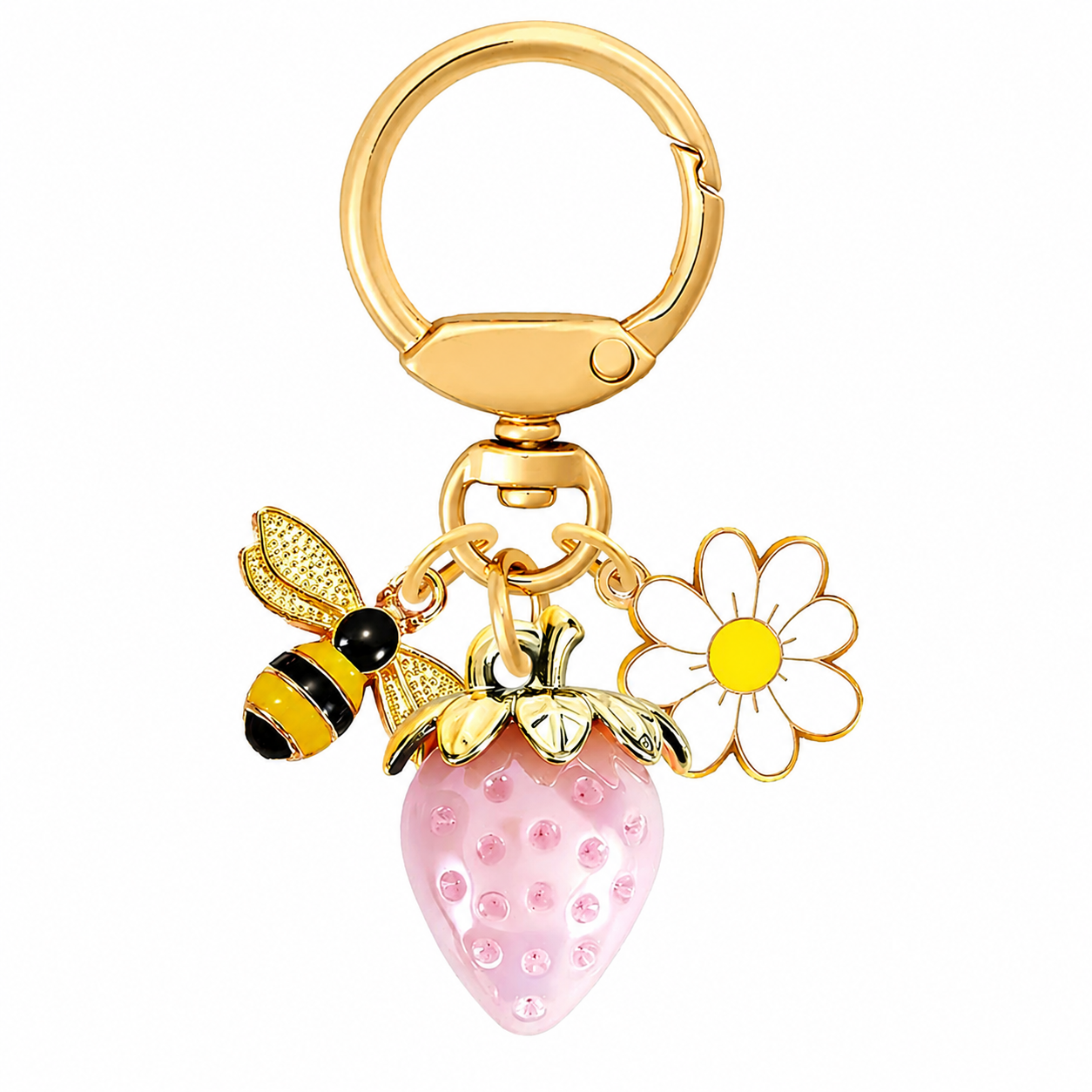 Solid Pink Strawberry Bee Daisy Keychain - Gold Metal Ring with Rhinestone view 6