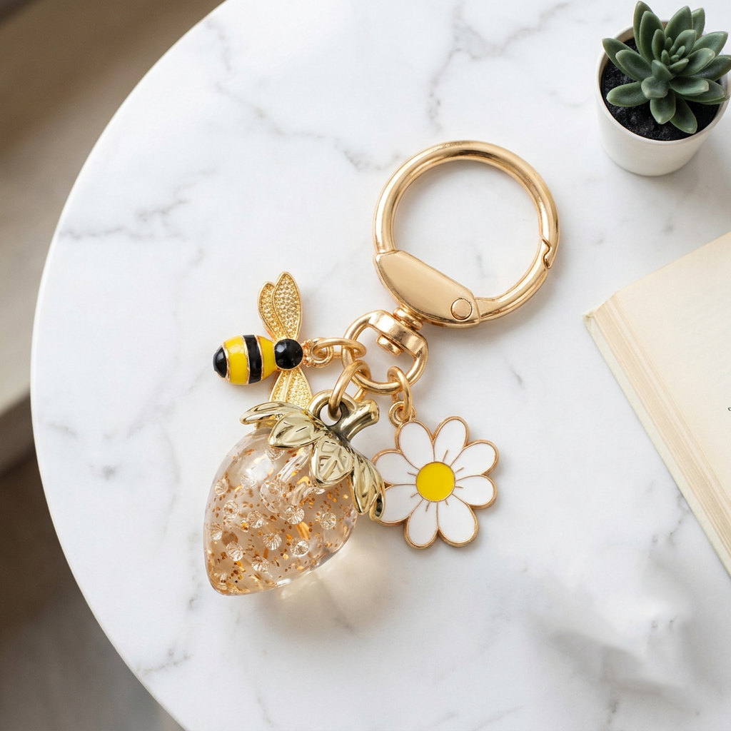 Crystal Gold Strawberry Bee Daisy Keychain - Gold Metal Ring with Rhinestone view 2