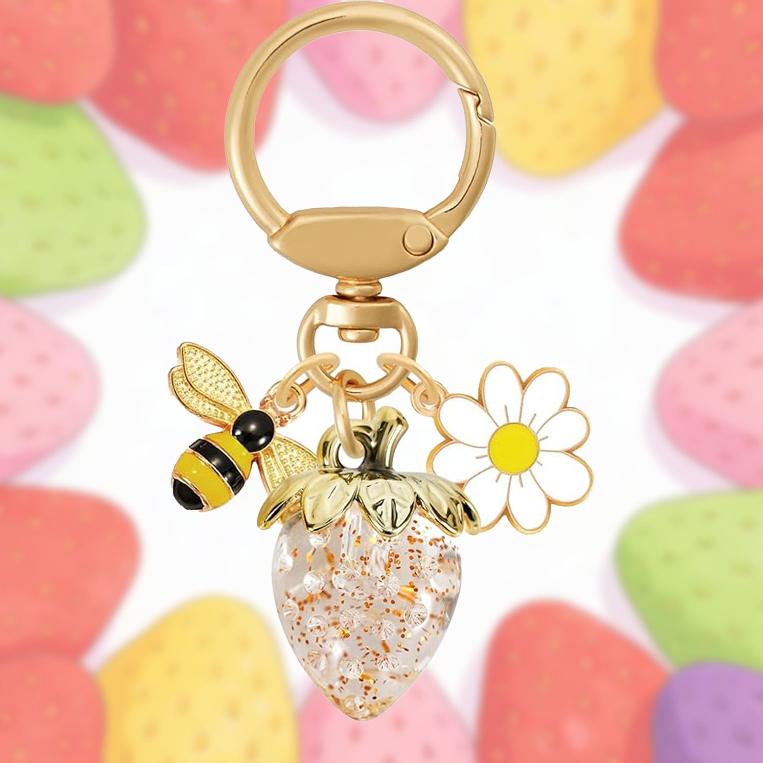 Crystal Gold Strawberry Bee Daisy Keychain - Gold Metal Ring with Rhinestone view 4
