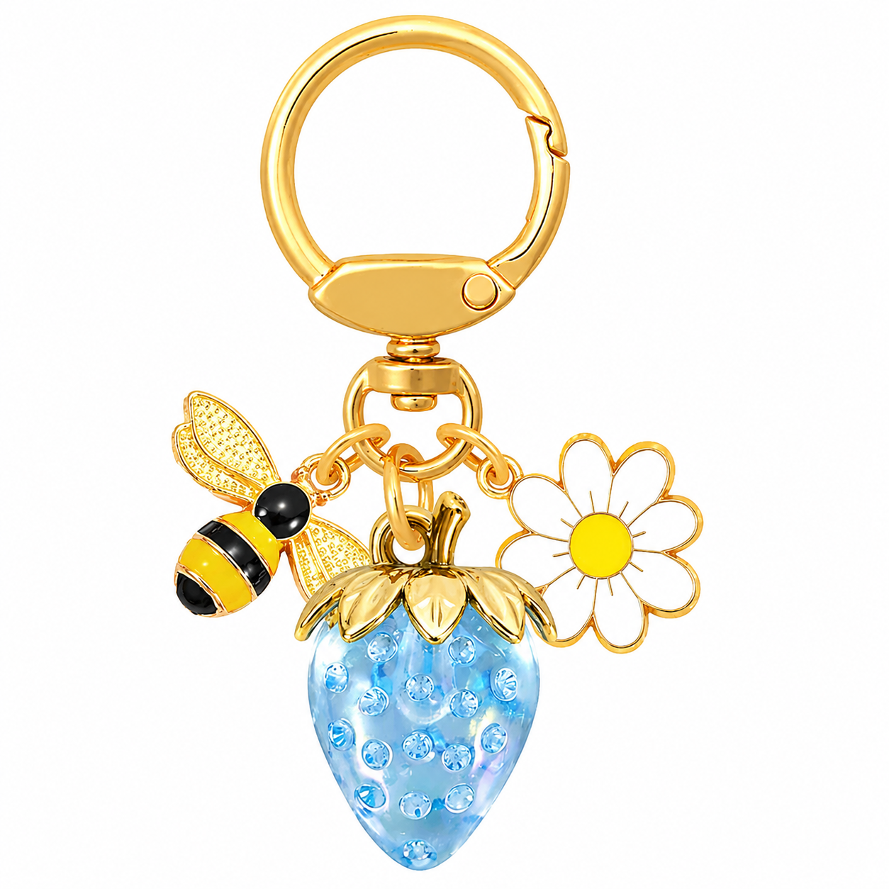 Crystal Blue Strawberry Bee Daisy Keychain - Gold Metal Ring with Rhinestone view 2