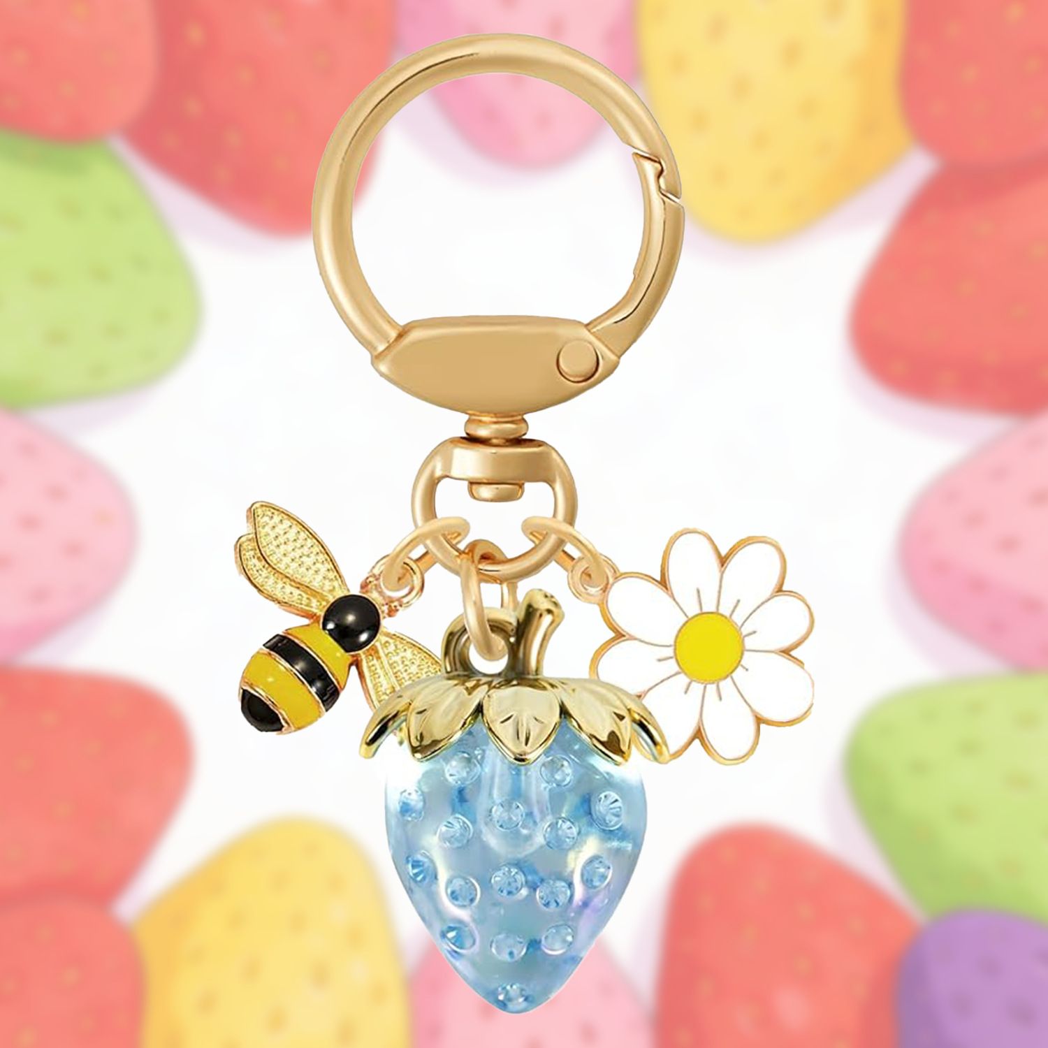 Crystal Blue Strawberry Bee Daisy Keychain - Gold Metal Ring with Rhinestone view 4
