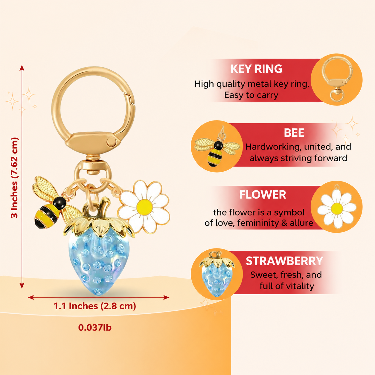 Crystal Blue Strawberry Bee Daisy Keychain - Gold Metal Ring with Rhinestone view 5