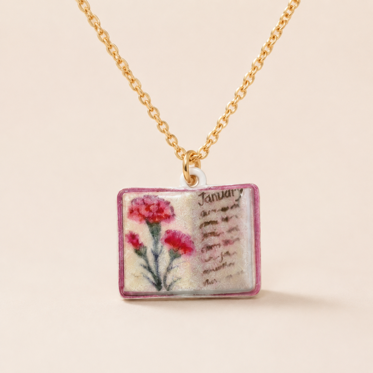 Vintage-style book necklace with January birthday flowers