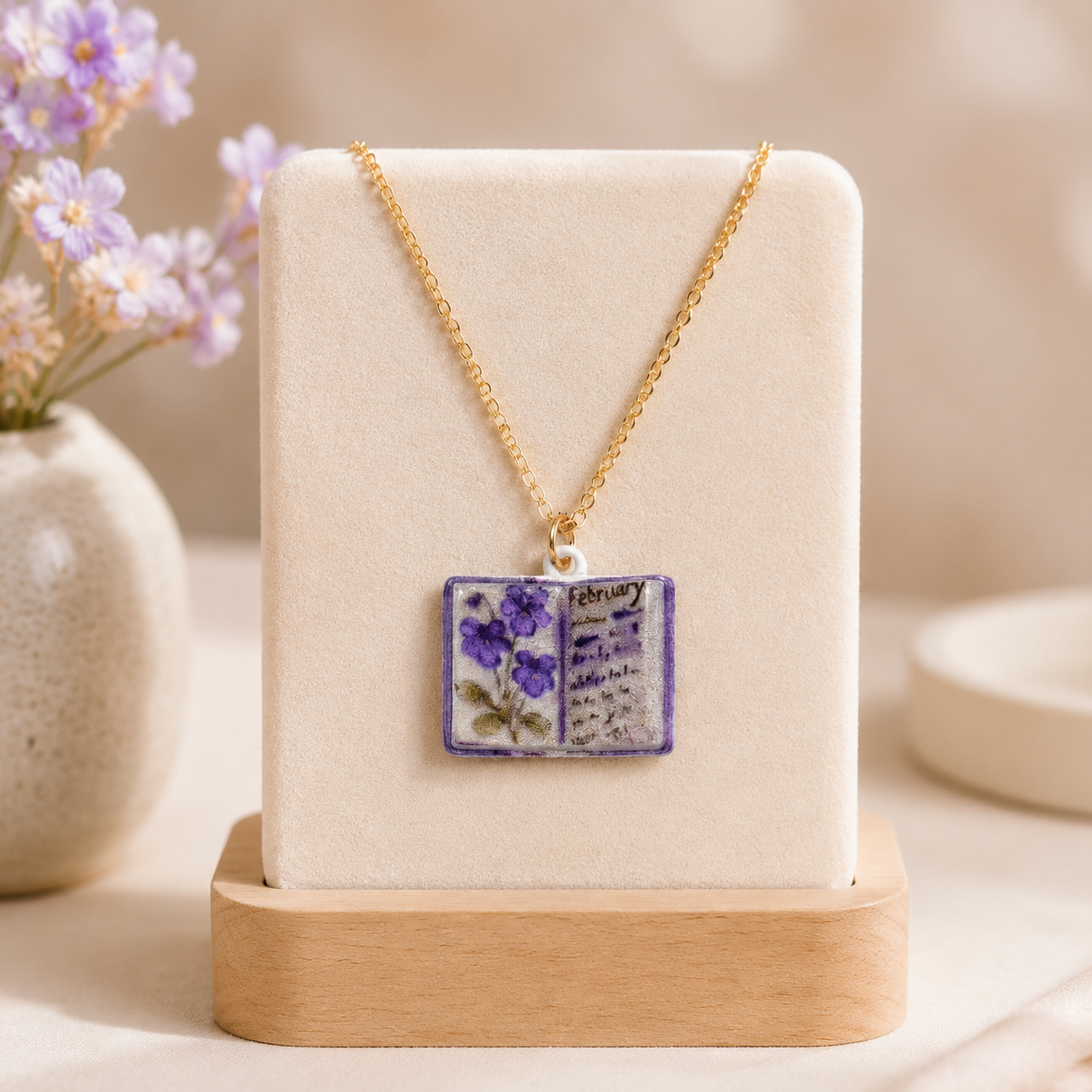 Vintage-style book necklace with February birthday flowers