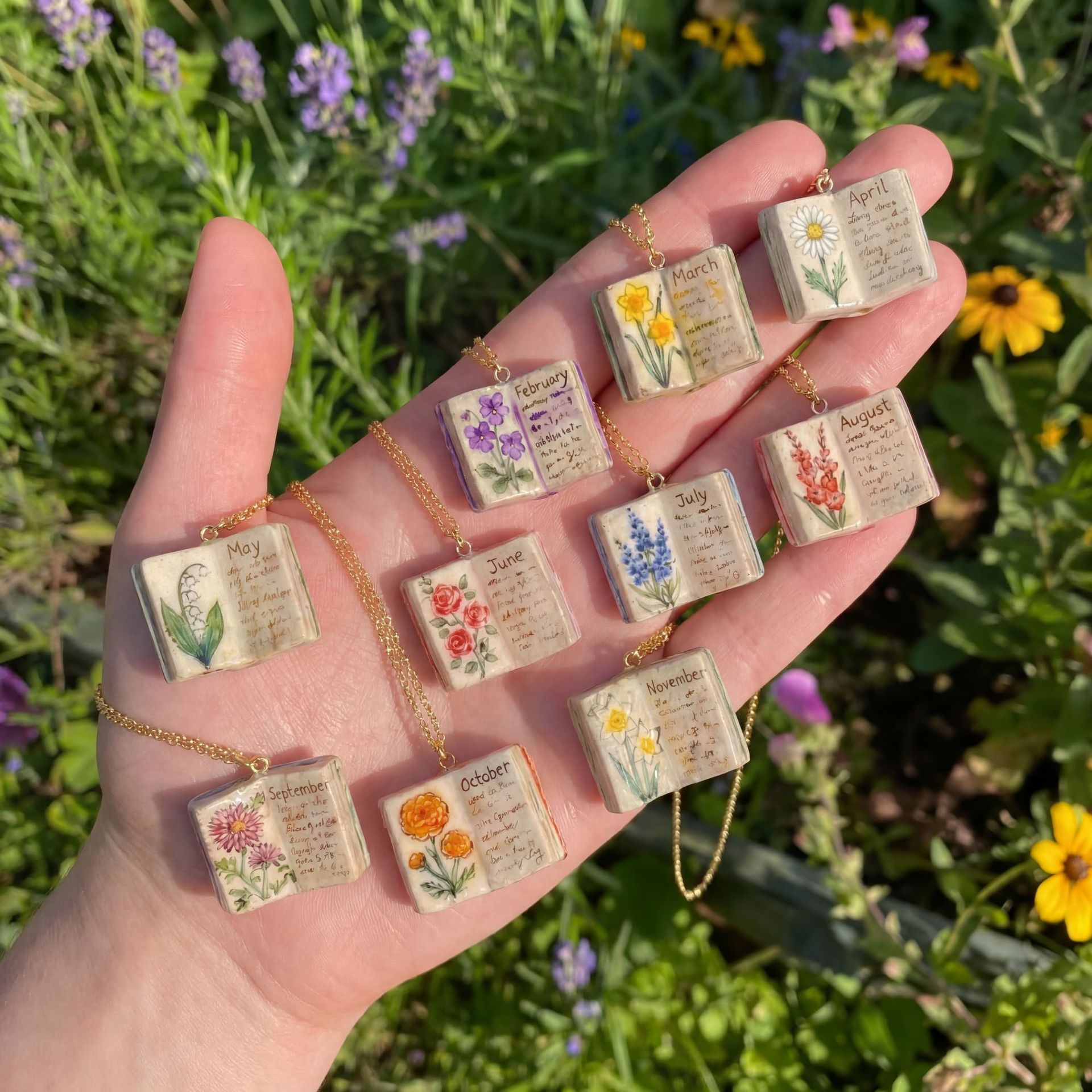 Vintage-style book necklace with February birthday flowers view 6