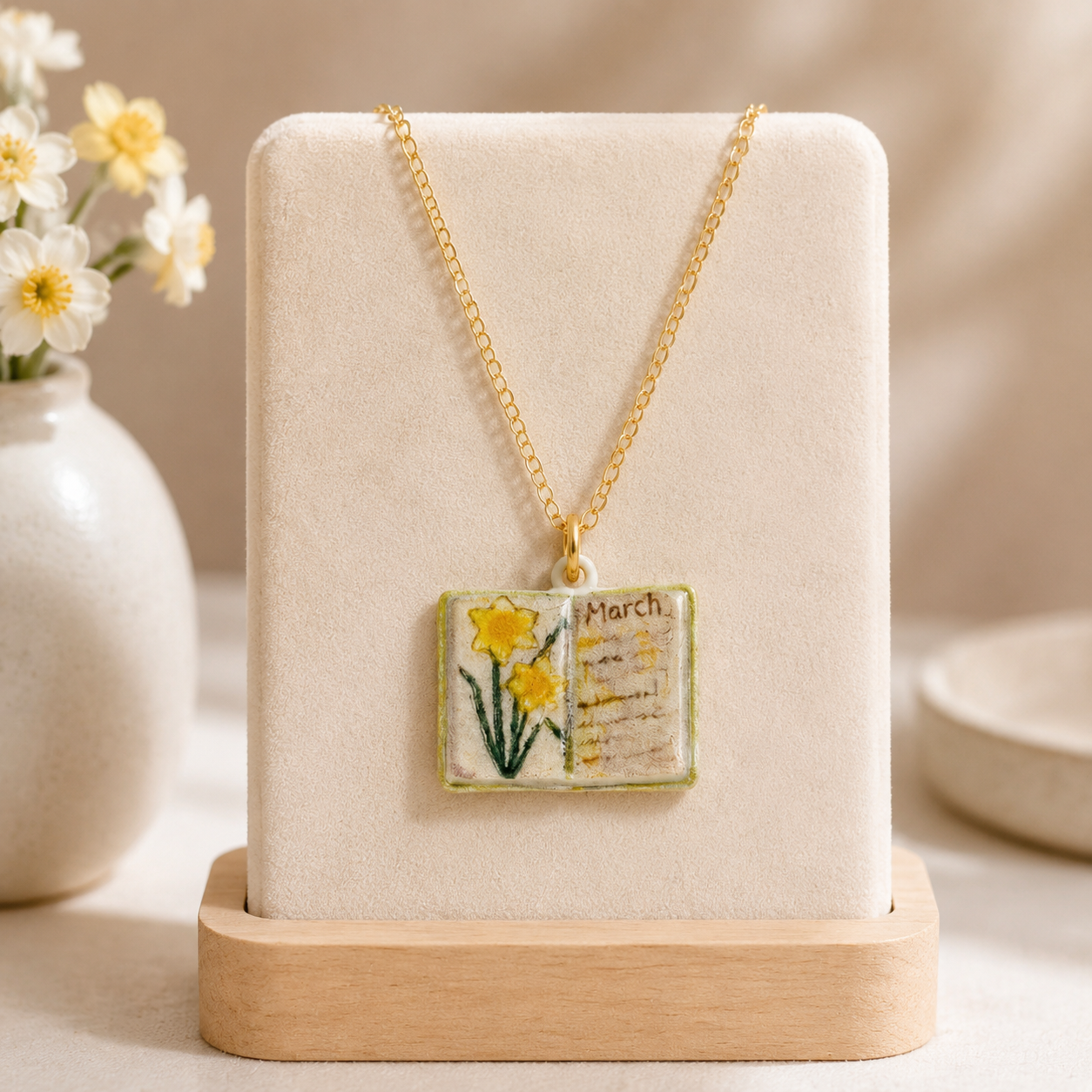 Vintage-style book necklace with March birthday flowers
