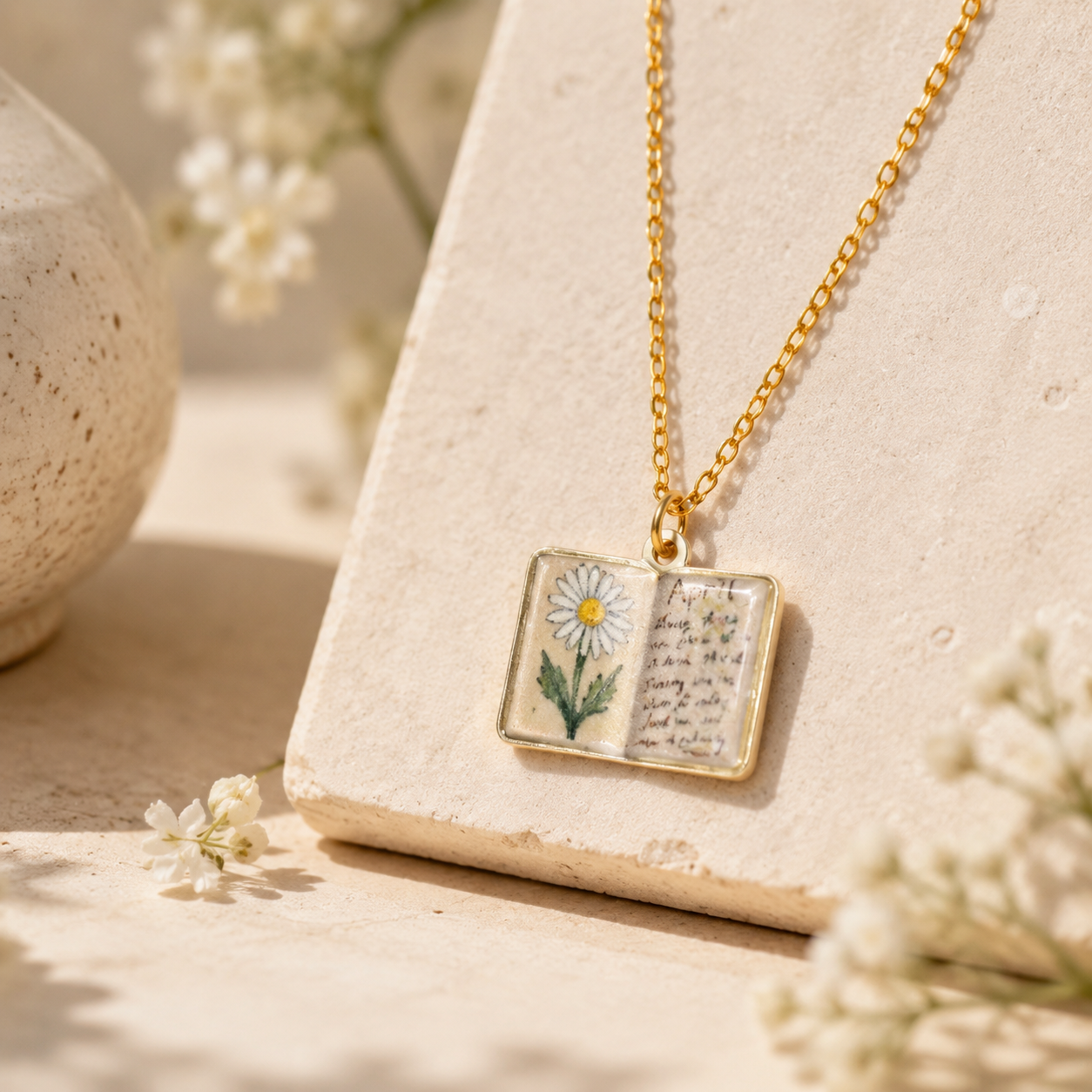 Vintage-style book necklace with April birthday flowers