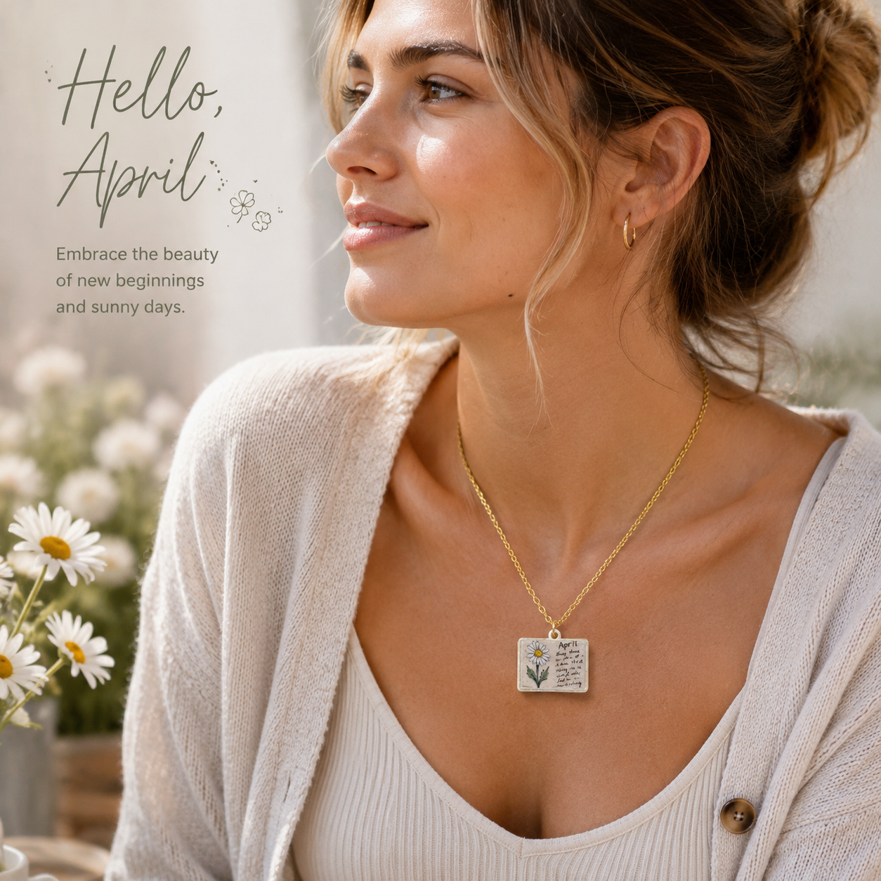 Vintage-style book necklace with April birthday flowers view 2