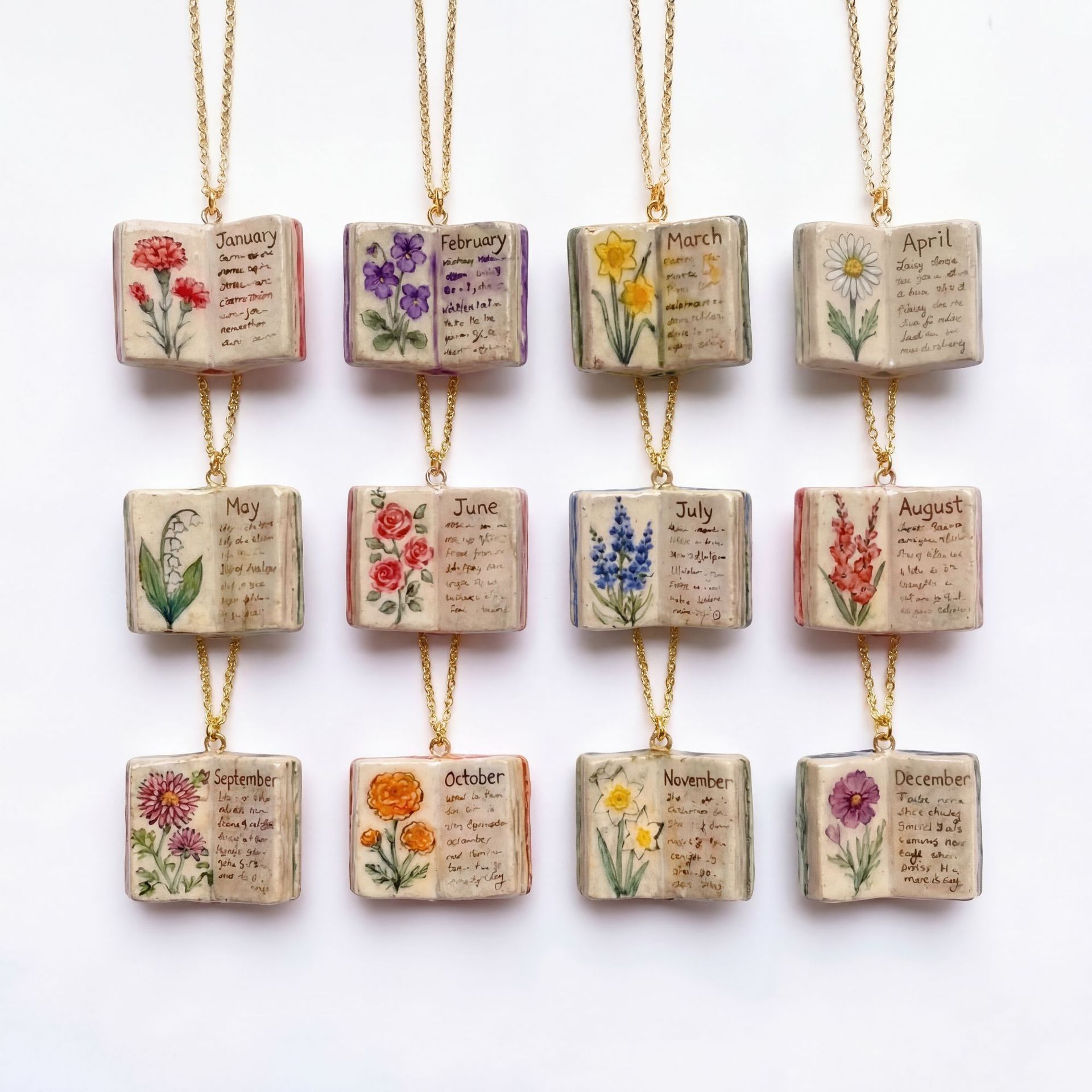 Vintage-style book necklace with April birthday flowers view 7