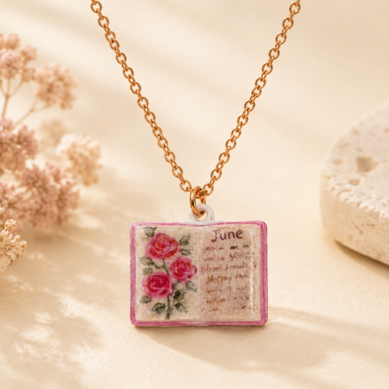 Vintage-style book necklace with June birthday flowers