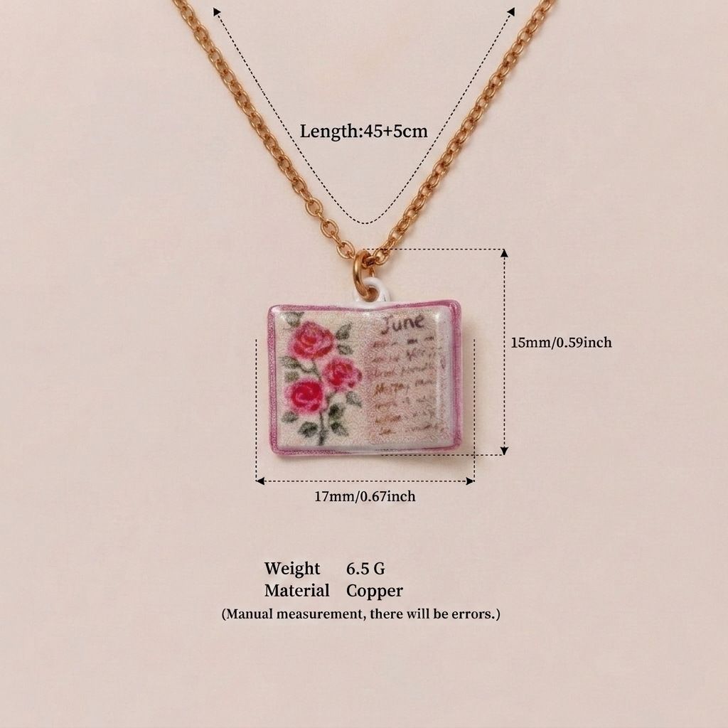 Vintage-style book necklace with June birthday flowers view 3