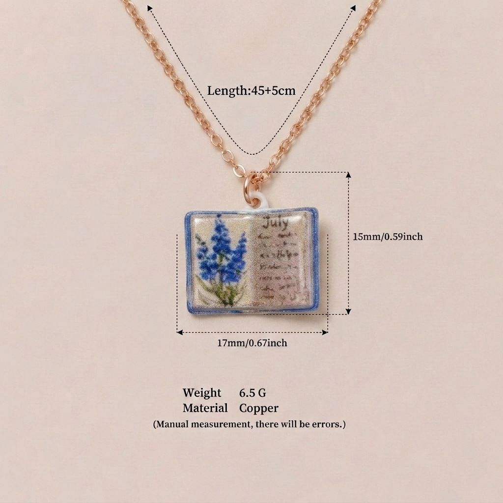 Vintage-style book necklace with July birthday flowers view 3