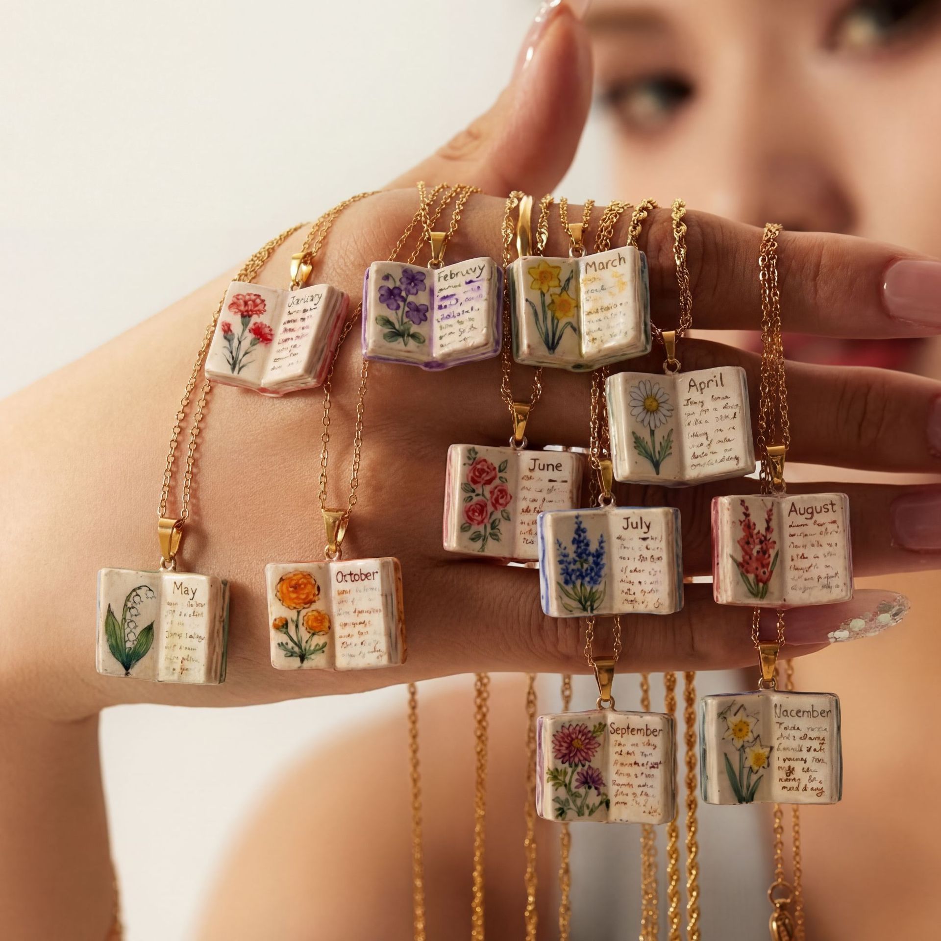 Vintage-style book necklace with July birthday flowers view 4