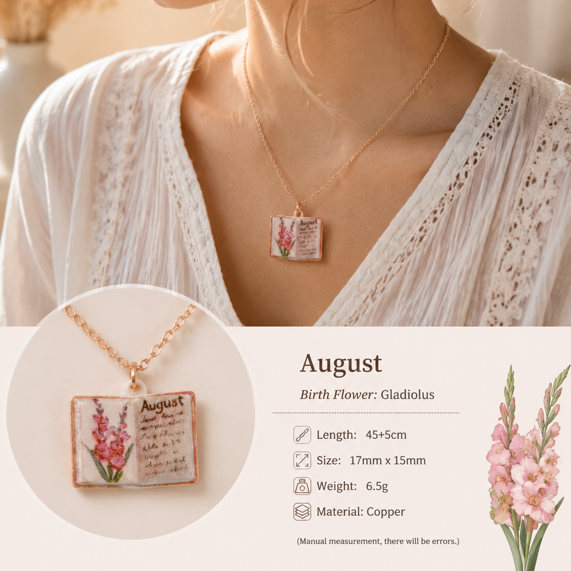 Vintage-style book necklace with August birthday flowers