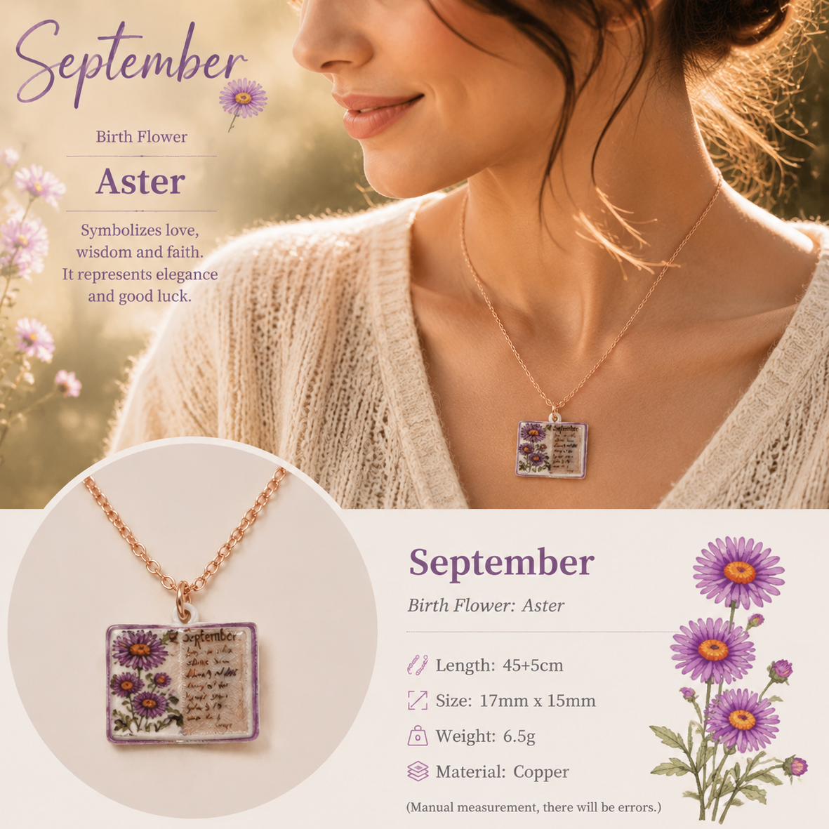 Vintage-style book necklace with September birthday flowers