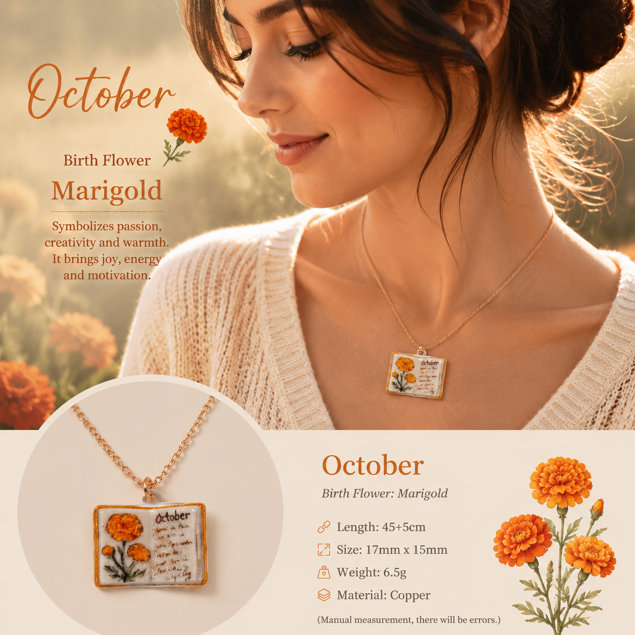 Vintage-style book necklace with October birthday flowers