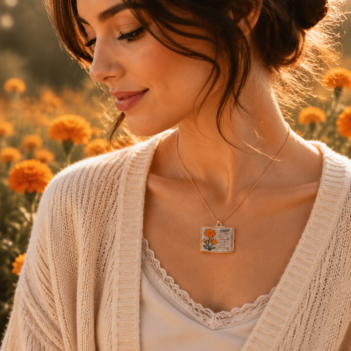 Vintage-style book necklace with October birthday flowers view 2