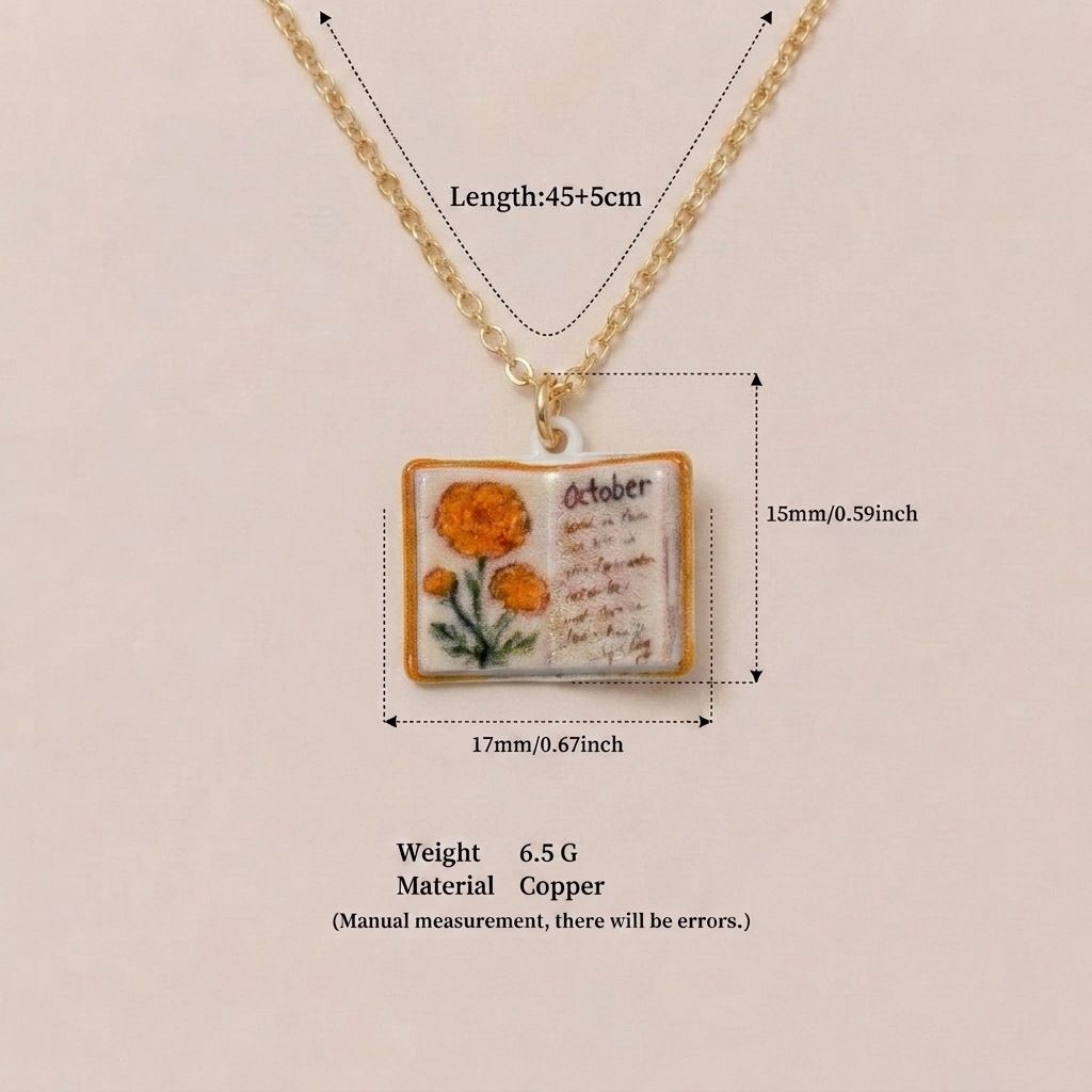 Vintage-style book necklace with October birthday flowers view 3