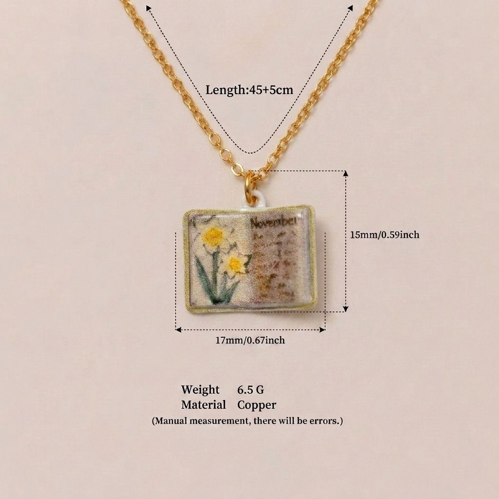 Vintage-style book necklace with November birthday flowers view 3