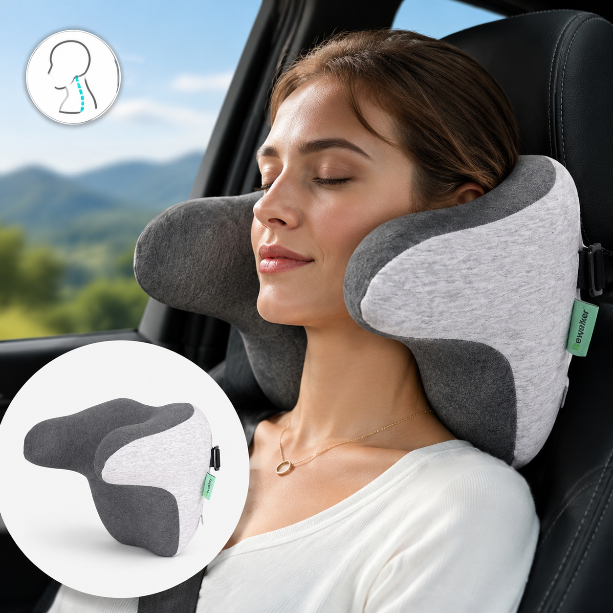 Ergonomic Car Neck Pillow Memory Foam Headrest Cushion (Grey) Adjustable Strap view 2