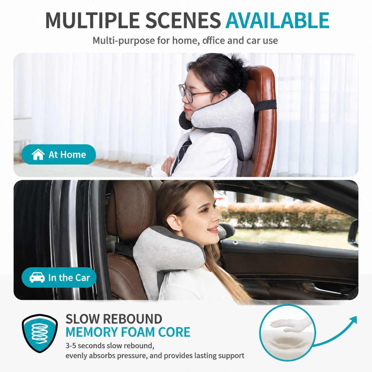 Ergonomic Car Neck Pillow Memory Foam Headrest Cushion (Grey) Adjustable Strap view 6