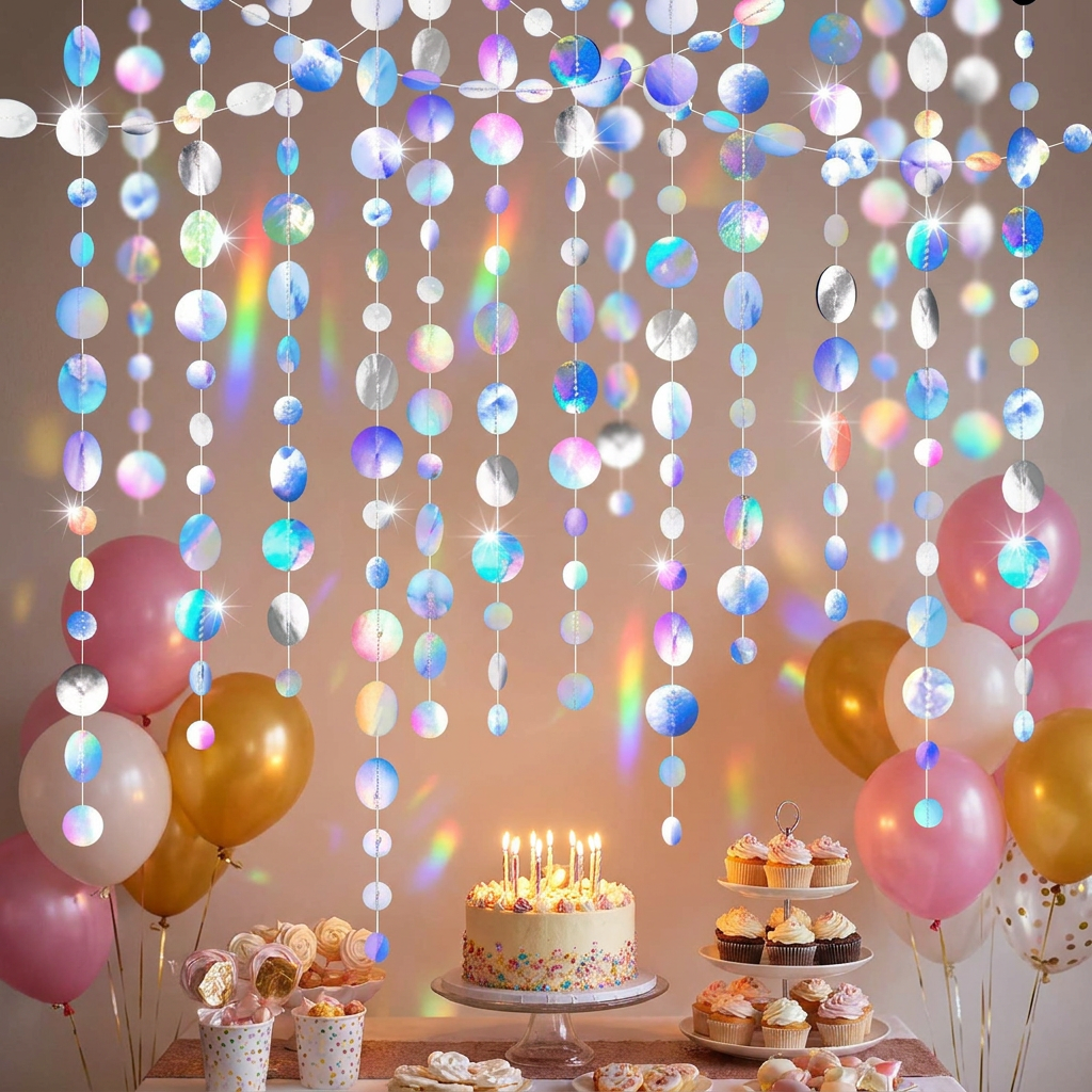 Iridescent Mixed Size Circle Sequin Garland 2 Pack 3m Each Holographic Round view 2