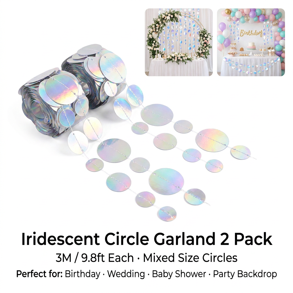 Iridescent Mixed Size Circle Sequin Garland 2 Pack 3m Each Holographic Round view 4