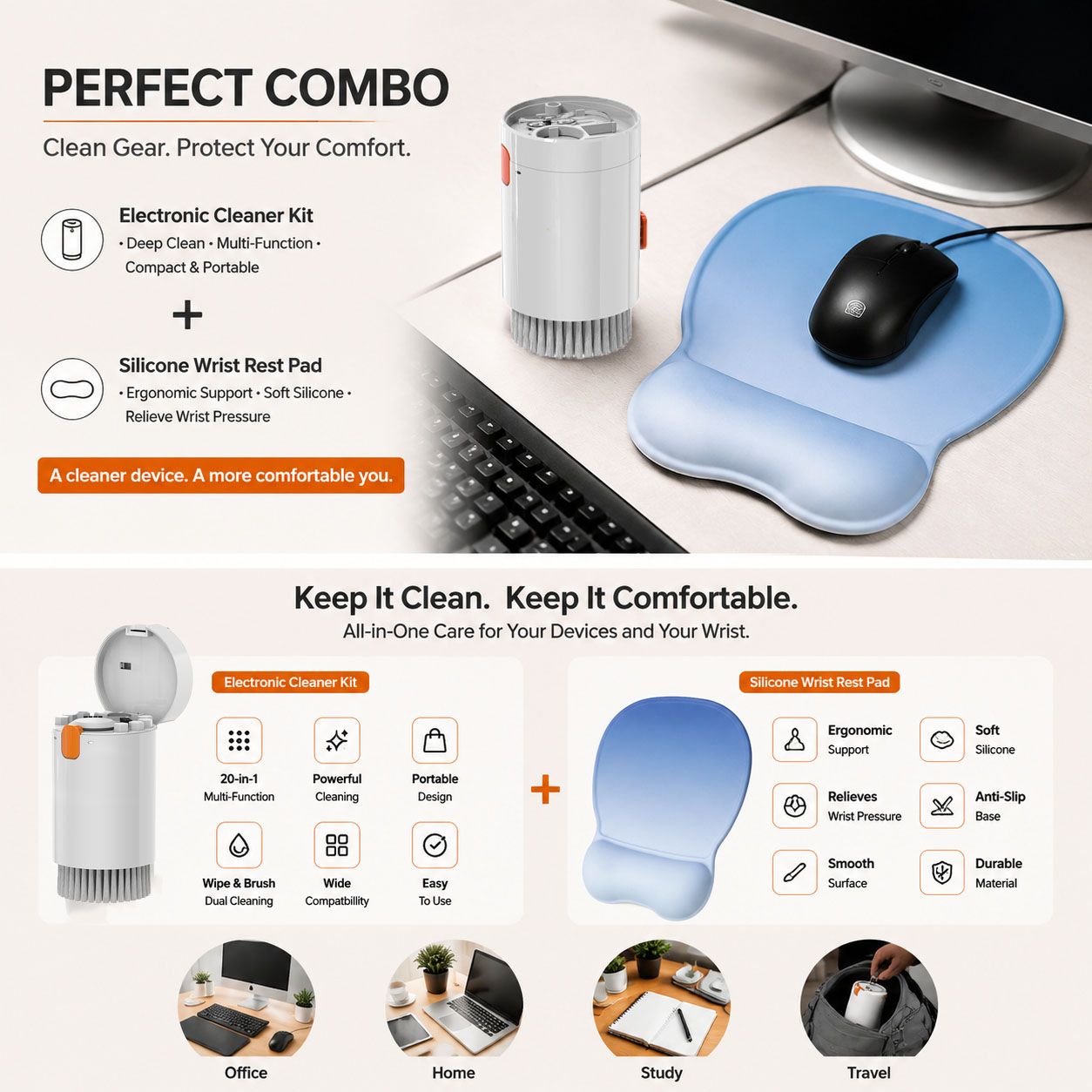 Gradient Blue silicone wrist rest with 20-in-1 electronics cleaning kit