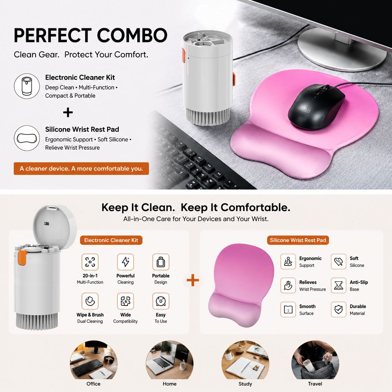 Gradient Pinkish White silicone wrist rest with 20-in-1 electronics cleaning