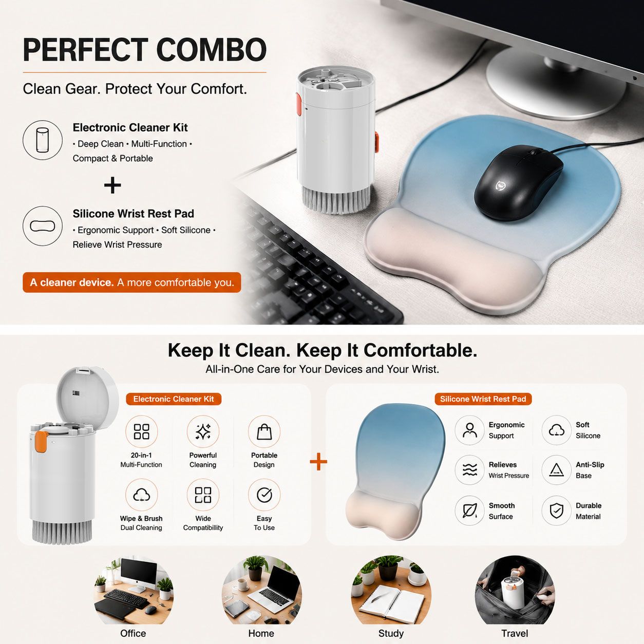 Gradient Light Blue silicone wrist rest with 20-in-1 electronics cleaning kit