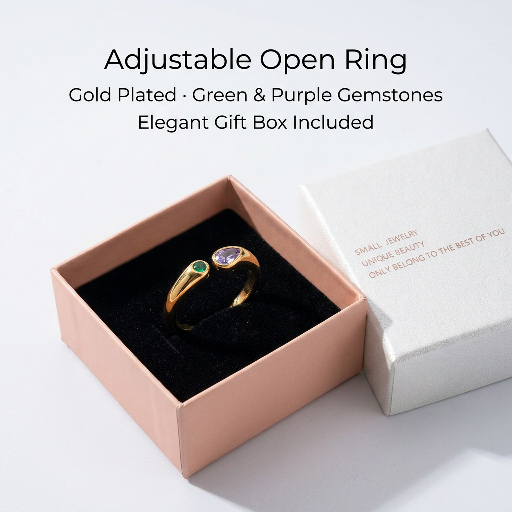Adjustable Birthstone(February) Open Ring Set 18K Gold Plated Stainless Steel