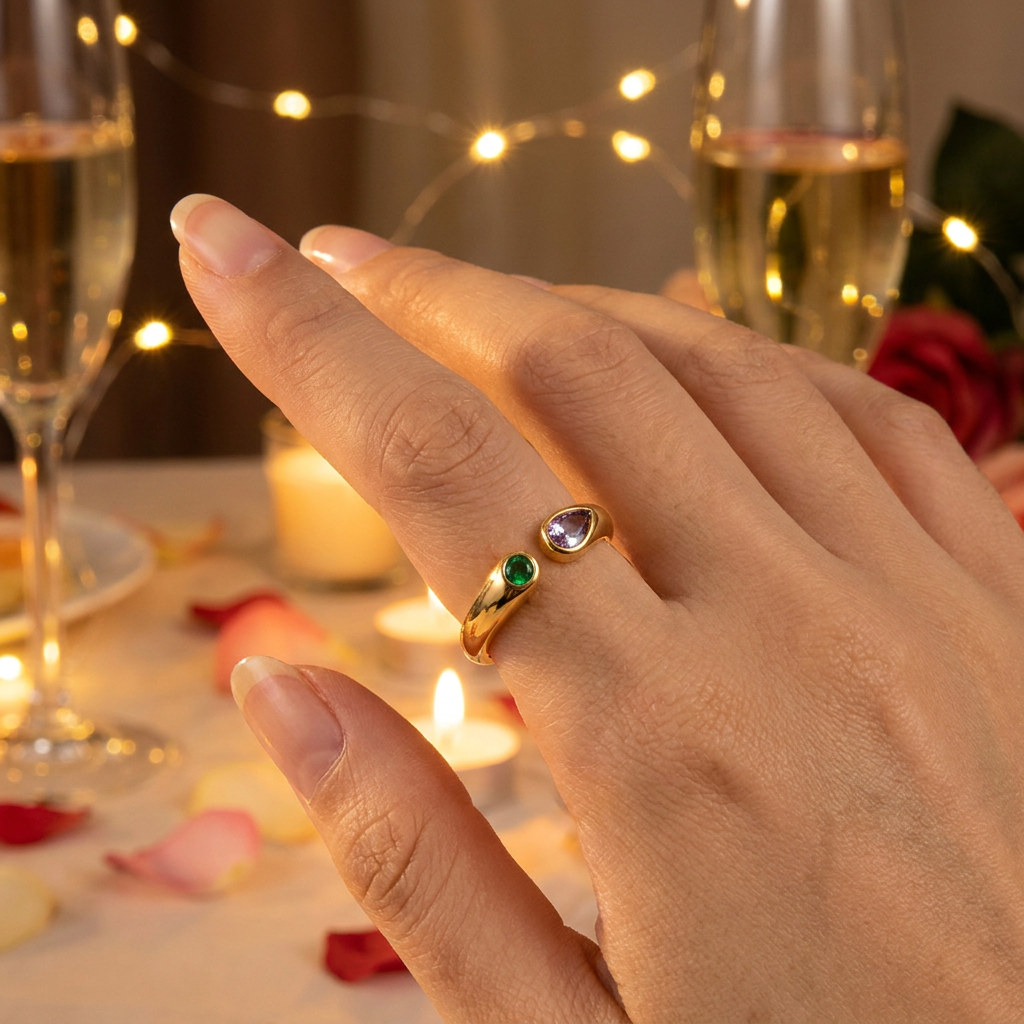 Adjustable Birthstone(February) Open Ring Set 18K Gold Plated Stainless Steel view 3