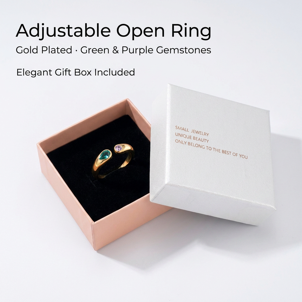 Adjustable Birthstone(March) Open Ring Set 18K Gold Plated Stainless Steel